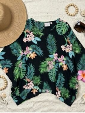 Belle Kim Gravel 1X Black Floral Poncho Top Tunic Coverup Beachy Tropical